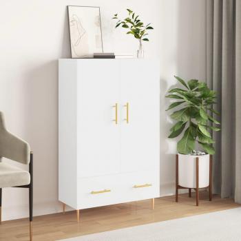Aparador alto de madera de ingeniería blanco brillo 69,5x31x115 cm, mueble de almacenaje moderno para salón, armario auxiliar con puertas y cajón
