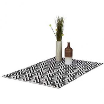Alfombra Retro Geométrica Antideslizante, Algodón y Poliéster, Blanco y Negro, 120 x 180 cm