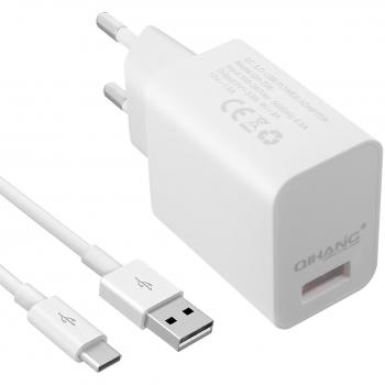 Cargador Rápido 3A Qualcomm Quick Charge 3.0 + Cable USB Tipo C 1m - Blanco