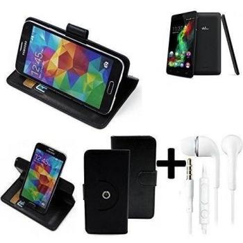 TOP SET: 360° Funda Smartphone para Wiko Rainbow Lite, negro + Auriculares | Función de stand Caso Monedero BookStyle mejor precio, mejor funcionamiento - K-S-Trade | Funda Universal Caso Monedero cubierta del tirón Monedero Monedero