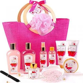 Set de Baño Mujer, Green Canyon Spa Cestas de Regalo para Mujer con Bolsa 11 Piezas Fragancia de Flor de Cerezo Loción Corporal Caja SPA Regalo Ideal para El Día de Valentín, Cumpleaños y Navidad