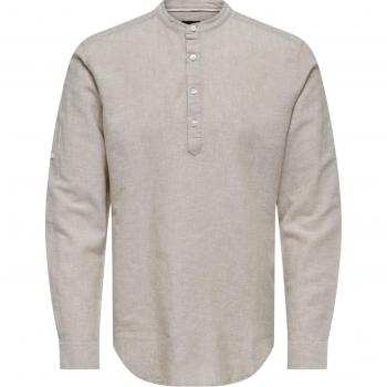 Only & Sons Men's Long-Sleeved Linen Shirt in Half-Tones, Chinchilla Color