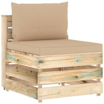 Sofá central modular con almohadas en verde impregnado de madera