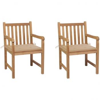 Sillas de jardín 2 piezas con cojines sólidos de teca beige