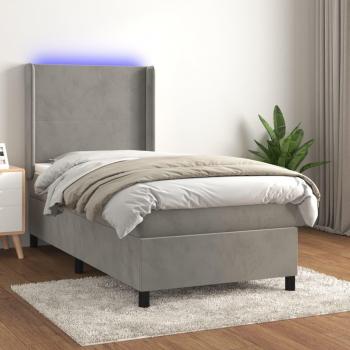 Cama box spring con colchón de muelles y LED gris claro 100x200 cm terciopelo