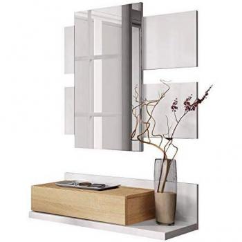 Recibidor con cajón y Espejo, Mueble de Entrada, Modelo Tekkan, Acabado en Blanco Artik y Roble Canadian, Medidas: 75 cm