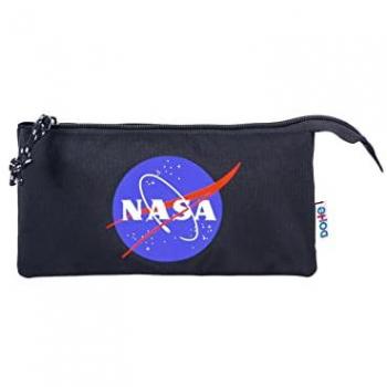 Portatodo Triple DOHE Nasa Logo Negro - Estuche escolar triple con 3 compartimentos, tamaño 230x120x25 mm, material escolar, color negro con logo de NASA