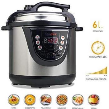 NEWLUX - Olla Programable 6L Chef Pot V110 Ollas a Presión Eléctrica, 10 Menús, 1000W, Programable 24 h, Preserva el Calor, Efecto Presurización, Sistema Duopresión, Cubeta 100% Antiadherente