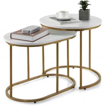 Set de 2 Mesas Bajas Modernas de Nido con diseño de mármol y oro, mesitas apilables para salón, habitación o dormitorio, fácil de montar
