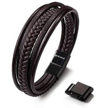 SERASAR 19cm Marrón Pulsera de Cuero Hombre Chico Pulseras Hombres Brazalete Brazaletes Pulso Muñequera Muñequeras Bisuteria Bisutería Joyeria Nudos Cuerda Cuerdas Bracelet Men Jewellery Unisex Ancha