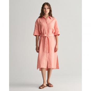 Vestido camisero de lino naranja con manga corta y bolsillos en el pecho