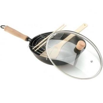 Oroley - Sartén Wok | Hecha de Hierro Fundido | Antiadherente | para Inducción y Todo Tipo de Cocinas | con Tapa | Mango Extraíble | 24 cm