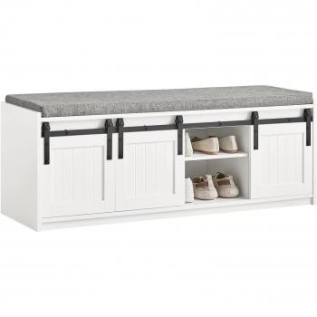 Armario zapatero con banco de almacenamiento, 3 puertas correderas, cojín de asiento, color blanco