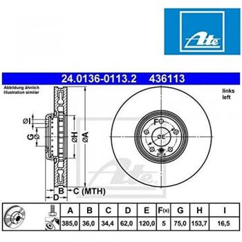 Disco de freno ATE 24.0136-0113.2, frente, ventilado, altamente carbonizado, 1 pieza