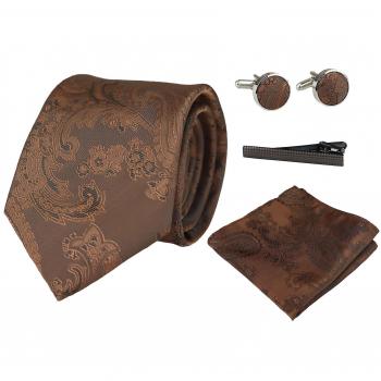 Paul Andrew Dotted Satin Brown Tie Gift Set with Pocket Square, Cuff Links, and Tie Pin