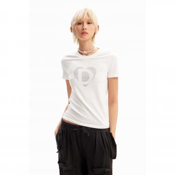 Camiseta Manga Corta con Logotipo y Corazón Strass
