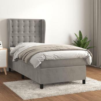 Cama box spring de muelles con colchón de terciopelo gris claro 90x200 cm