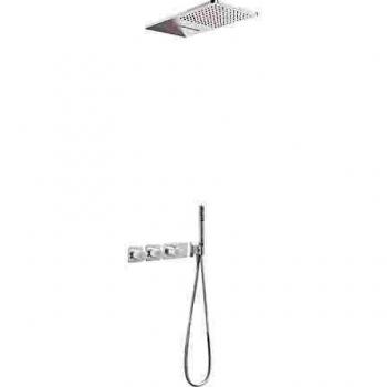 Kit de ducha termostático empotrado Block System Colors, 3 vías, rociador ducha inox a pared con 2 tipos de chorro, volante, 55 x 28 x 7,4 centímetros, color blanco mate