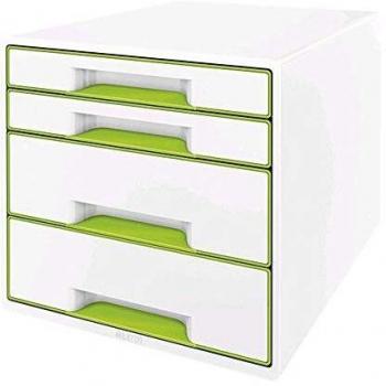 Leitz Buc de 4 Cajones A4 con Rotulador y Bandeja Transparente, Organizador, Gama WOW, Blanco/Verde, 52132054
