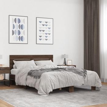 Cama de madera multicapa con estructura de metal en color marrón roble, dimensiones 140x190 cm