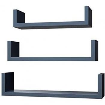 SONGMICS Juego de 3 estantes murales modernos, Estantes flotantes de pared, Estantes de almacenamiento de MDF, Acabado de alto brillo, Montaje Oculto, Gris LWS040G02