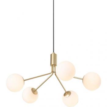 Lámpara colgante moderna dorada con cristal opalino y 5 luces - Coby