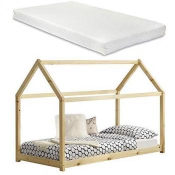 Cama infantil Netstal de madera de pino con colchón de espuma fría 90x200 cm en forma de casa color madera natural