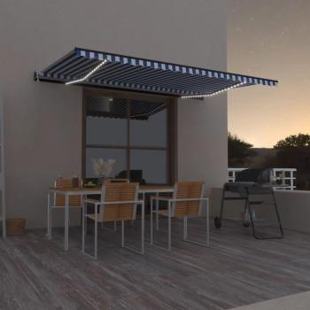 Toldo automático LED sensor de viento azul y blanco 500x350 cm, resistente al agua, sombrilla retráctil, ideal para balcón, jardín y terraza