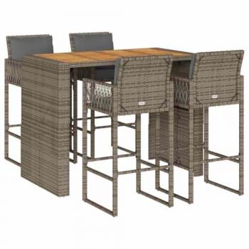 vidaXL 5 Piece Garden Bar Set with Cushions Grey Poly Rattan Acacia