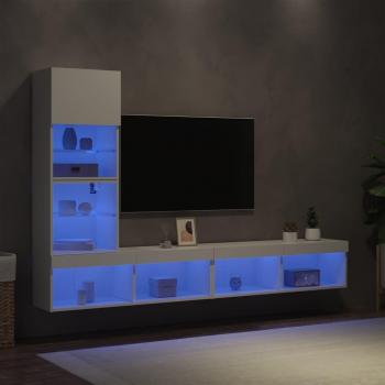 Mueble de TV de pared con LED 4 piezas madera ingeniería blanco
