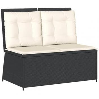 Sillón reclinable de jardín con cojines de ratán sintético negro
