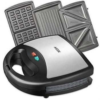Aicok 3 en 1 Sandwichera de 750W Sándwish Tostadora, Gofrera, Bistec a la parrilla de la máquina, Negro