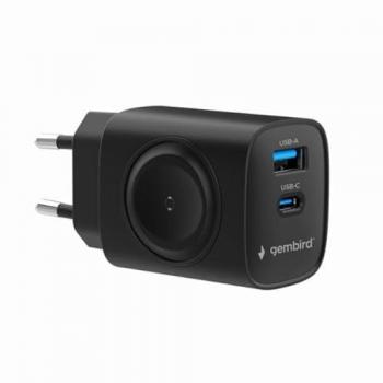 Cargador Rápido 2-en-1 Gembird de 20 W para Apple Watch y Teléfono, USB-C y USB-A, Negro