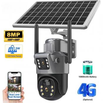Cámara de Seguridad WiFi 4K 8MP con Batería Solar, Tarjeta SIM 4G, Lente Doble, Pantalla Dual, Protección para Exteriores, PTZ PIR y Detección Humana