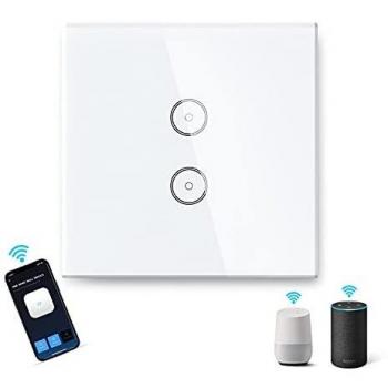 Aigostar WiFi Interruptor de Luz 2 Gang 1 Vía, Interruptor Inteligente Compatible con Alexa/Google Home, Interruptor de Pared Inteligente con App AigoSmart y Función de Temporizador Control por Voz