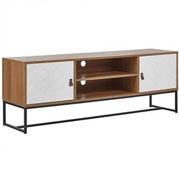Soporte para TV Rectangular de Madera Clara con Patas de Metal Blanco, para TVs de hasta 75, Unidad Multimedia con Estantes y Gestión de Cables