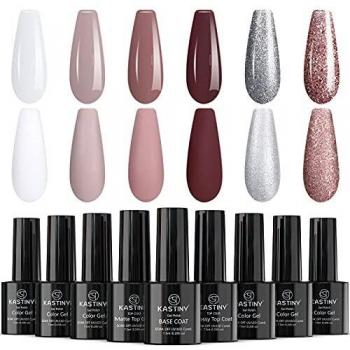 Esmaltes Semipermanentes, Kastiny 9 Champagne White Grey Pintauñas Gel Permanente UV, Esmaltes Permanentes para Uñas con Base, Capa Superior Brillante y Mate, DIY Nail Art Requiere Secado