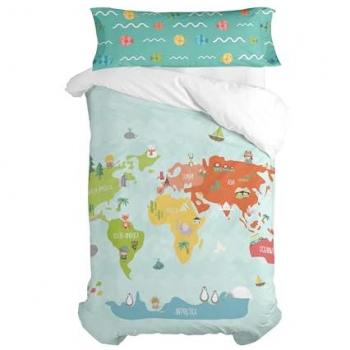 Juego de funda nórdica multicolor Happynois Mapa Mundial 2 Piezas 155x220 cm para Cama de 80/90, 100% Algodón