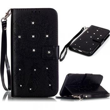 Atrapasueños Funda Libro para Samsung Galaxy S6 Edge SM-G925F G9250 Suave PU Leather Cuero Impresión - Sunroyal® Con Flip Cover,Cierre Magnético,Función de Soporte,Negro Billetera Case con Tapa para Tarjetas