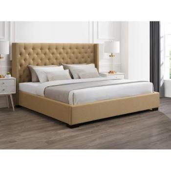 Cama 200 x 200 cm con cabecero capitoné de tela beige + colchón Massimo