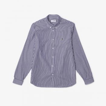 Lacoste Men's Long Sleeve Regular Fit Casual Shirt - White/Navy Stripes, Multicolor Logo, Size 3XL