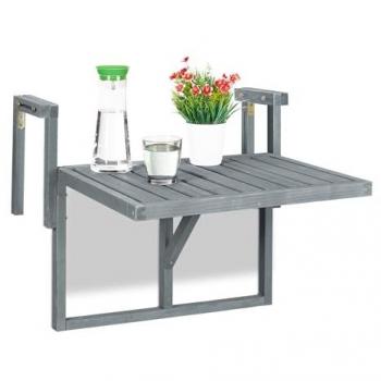 Mesa Balcón Plegable Regulable, Mesita Auxiliar Colgante de Barandilla, 55x70x65 cm, Madera Gris