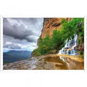 Metal cartel Cartel de chapa Hojalata sesión Falls Trees Rocks Pools Cloudy Colors 46130 Retro Vintage Pared Decoración by hamgaacaan