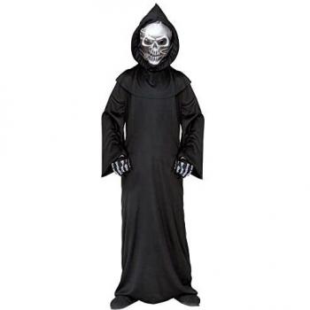 Disfraz de Muerte Infantil con Máscara de Cráneo Holográfico, Capucha y Guantes de Huesos (116 cm / 4-5 Años)
