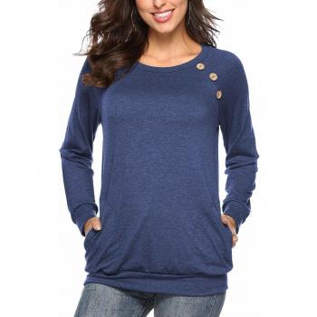 Martiount Camiseta de Manga Larga para Mujer con Bolsillo Botón Design Blusa Camisa Cuello Redondo Basica Camiseta Tops Otoño Casual T-Shirt Navy L