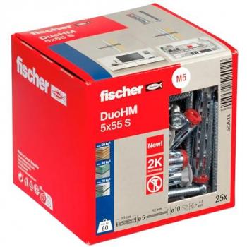 Taco de Pared Fischer DuoHM 5x55 S PH TX para Cuerpos Huecos, 25 Piezas