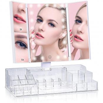 ISENPENK LED Espejo Maquillaje con Organizador, Espejo de Mesa con 21 Leds Carga con USB o Batería, Plegable Tríptico Espejo de Aumentos 3X, 5X, Rotación 180°, Pantalla Botón Táctil para Ajustar Luz