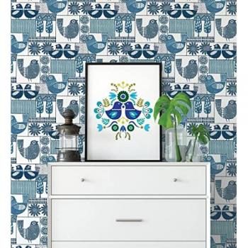 Papel Pintado Vinílico Ecológico Estilo Nórdico Gallinas y Árboles - Rollo 10 m x 0,53 m