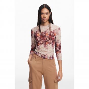 Desigual - Blusa de mujer flores con textura, 3/4 de manga, color azul, talla XL