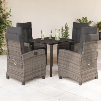 5-Piece Grey Poly Rattan Garden Dining Set with Cushions